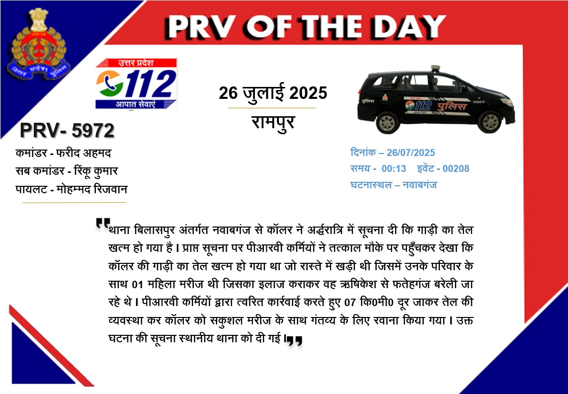 #रामपुर:- परिवार के सदस्य का ऋषिकेश से उपचार कराकर बरेली जा रहे परिवार की गाड़ी का अर्धरात्रि में  तेल खत्म हो जाने के कारण परेशान होने की सूचना पर #PRV5972 ने तुरंत मौके पर पहुंचकर सुरक्षा का भरोसा दिलाया। पीआरवी कर्मियों ने 07 किमी0 दूर जाकर तेल का प्रबंध कर परिवार को सकुशल