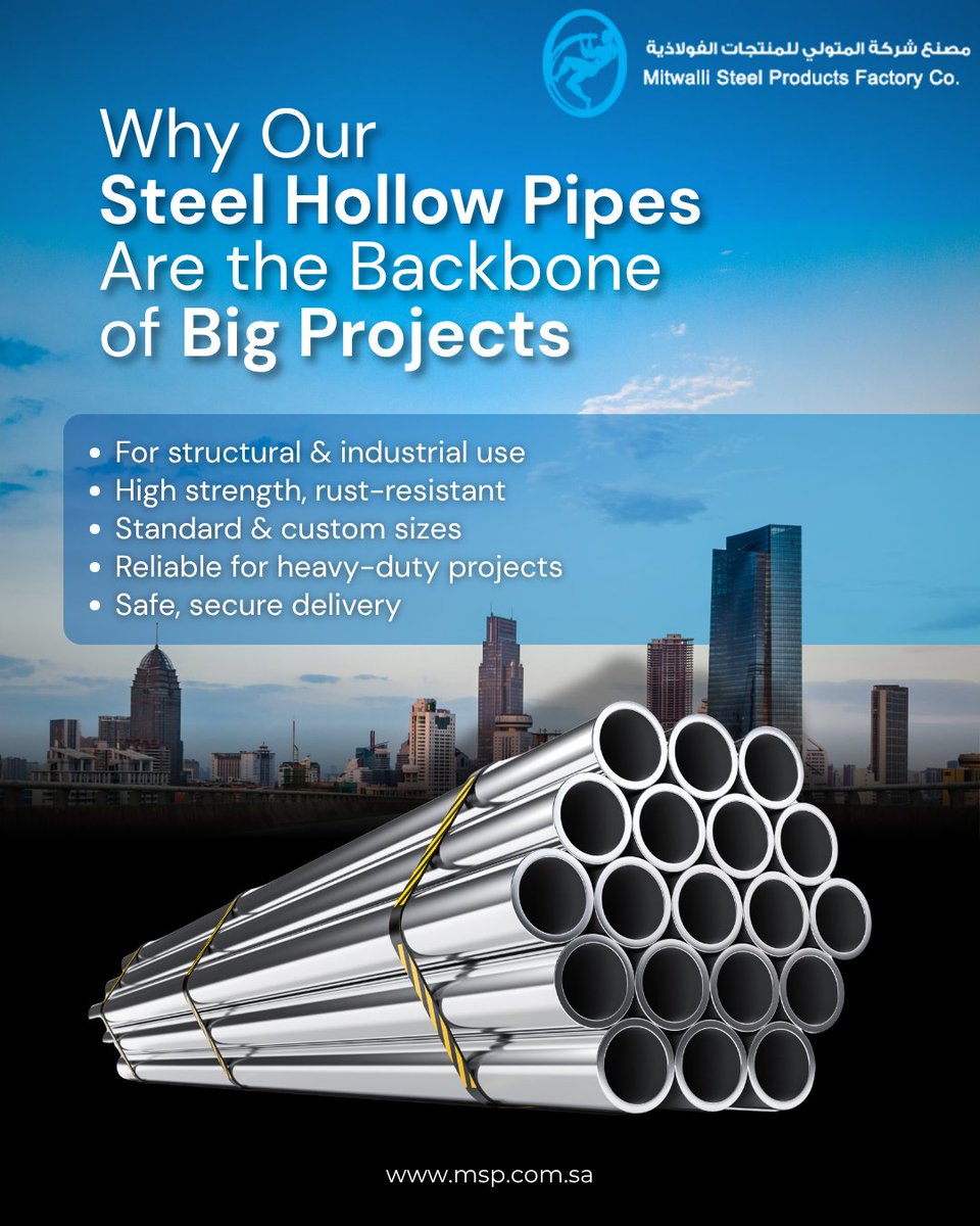 MitwalliSteel's tweet image. 🏗️ Big Projects Demand Bigger Strength!
Our steel hollow pipes are trusted across Saudi Arabia for their unmatched durability, precision, and performance.

#MitwalliSteel #SteelPipes #steelpipefactory #steelpipesupplier #steelpipesandtubes #steelpipesmanufacturer #saudiarabia