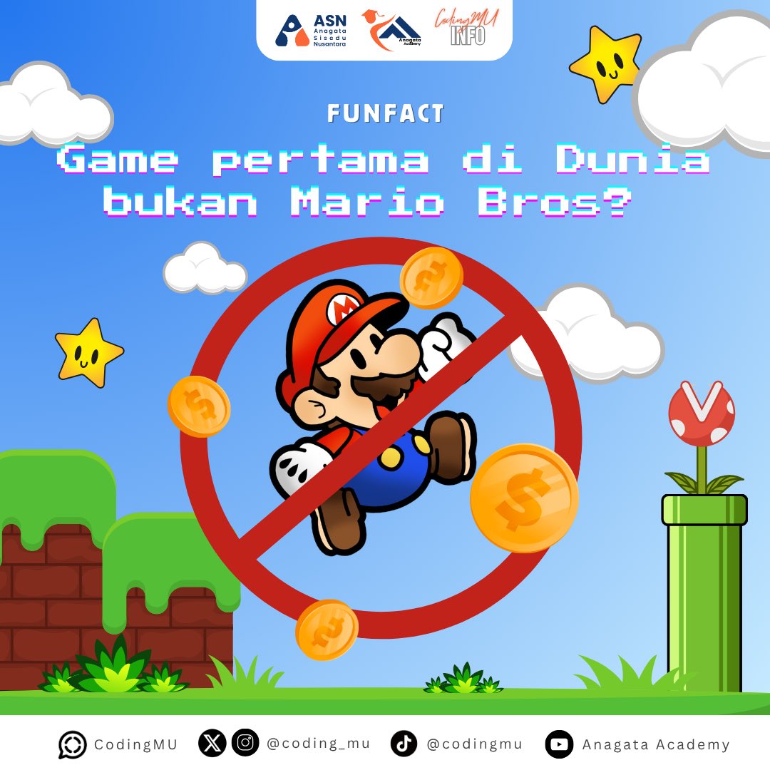 coding_mu's tweet image. TAU NGGAK❓Game pertama di dunia bukan Mario, bukan juga dari Nintendo! 🤯

Sebelum dunia kenal Super Mario Bros, ada game bernama Tennis for Two yang lahir dari... lab nuklir?! 😳

#AnagataAcademy #ASN #CodingMU #trivia #fun #fact #sejarah #game #belajar #kreasi #coding #anak