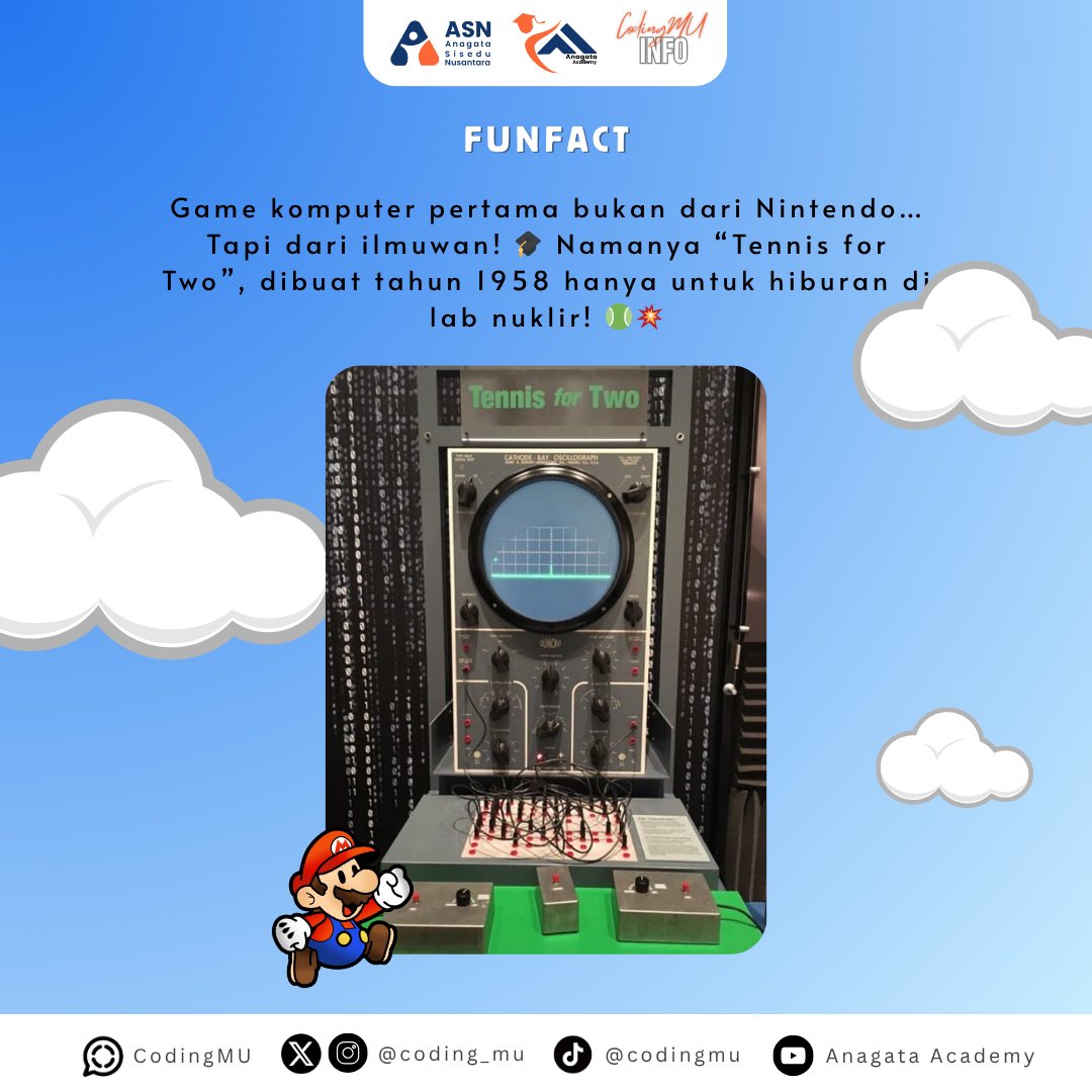 coding_mu's tweet image. TAU NGGAK❓Game pertama di dunia bukan Mario, bukan juga dari Nintendo! 🤯

Sebelum dunia kenal Super Mario Bros, ada game bernama Tennis for Two yang lahir dari... lab nuklir?! 😳

#AnagataAcademy #ASN #CodingMU #trivia #fun #fact #sejarah #game #belajar #kreasi #coding #anak