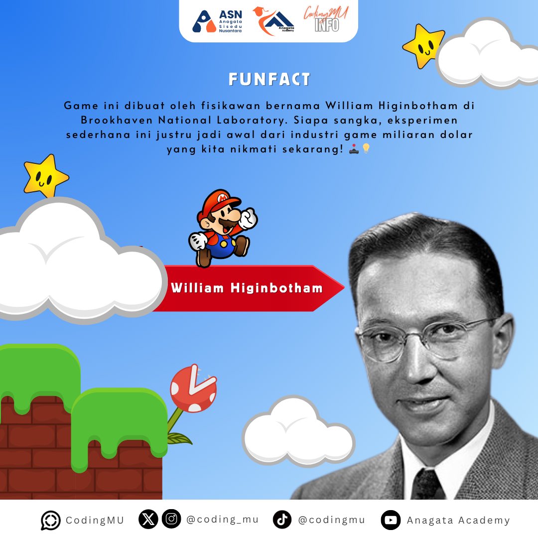 coding_mu's tweet image. TAU NGGAK❓Game pertama di dunia bukan Mario, bukan juga dari Nintendo! 🤯

Sebelum dunia kenal Super Mario Bros, ada game bernama Tennis for Two yang lahir dari... lab nuklir?! 😳

#AnagataAcademy #ASN #CodingMU #trivia #fun #fact #sejarah #game #belajar #kreasi #coding #anak