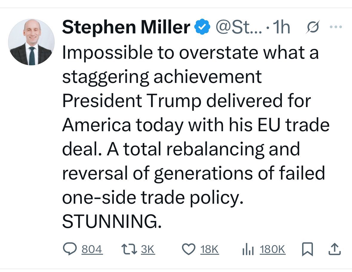leoknyc777's tweet image. Trump is slapping a 15% additional tax on the American people on everything imported from Europe and somehow that’s a good thing? 😂. Don’t insult our intelligence Miller, we’re not all MAGA.