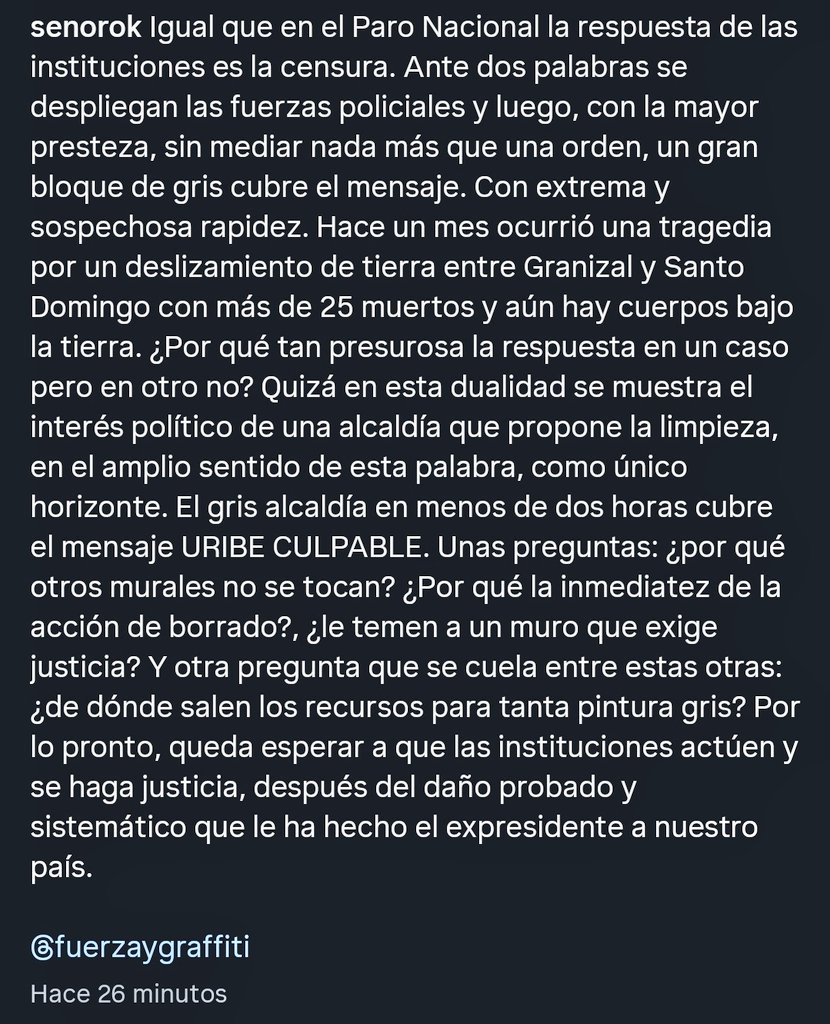 elANTIMILI's tweet image. Vea, otra vez el AUTORITARIO de @FicoGutierrez, otra vez la CENSURA y el NEGACIONISMO. Hoy borran un muro pero NO podrán hacerlo con el #Veredicto que le espera a Álvaro Uribe. #NoPasarán
¡Sigue la DISPUTA x la narrativa de la HISTORIA y la JUSTICIA a la MEMORIA!
#UribeCulpable