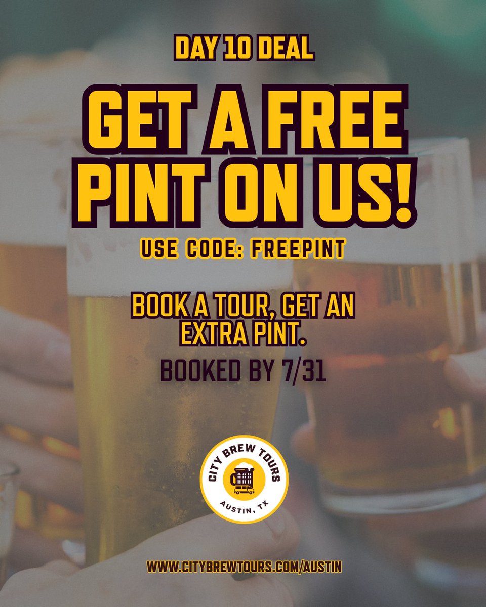 CBTATX's tweet photo. 🍻 On the 10th Day of Christmas in July… your next pint’s on us!

For a limited time - Book a public tour with code FREEPINT and get an extra pint at the stop of your choice - on us.

Book now 🍻 link in bio. https://t.co/mWFmqAOco5