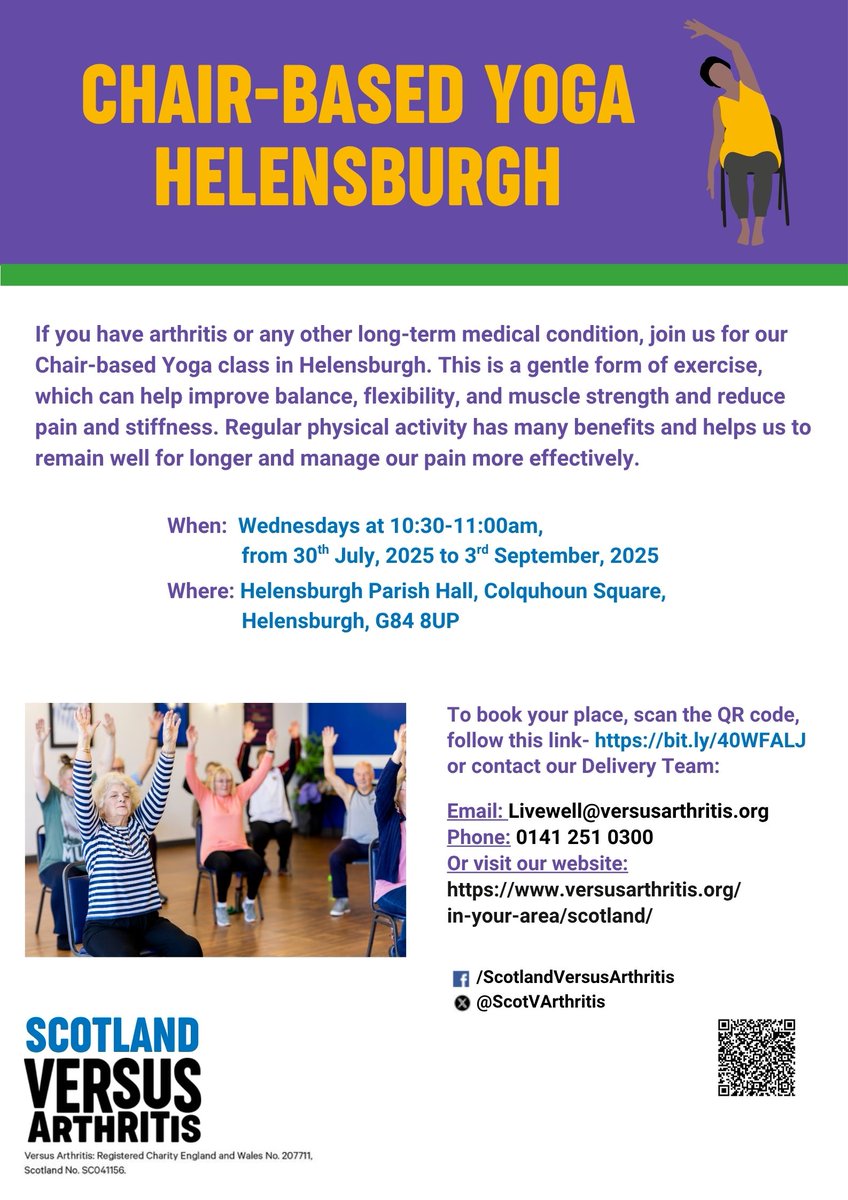 📢 Starting this week: our Chair-Based Yoga class in Helensburgh. 
🧘 Join us for this this gentle form of exercise, and find out more about support with Living Well with your Long-term Condition. 
🗓️ Wednesdays, 10:30-11:00am
📝 Register here to attend: bit.ly/40WFALJ