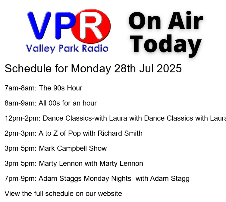 Valleyparkradio's tweet image. 馃摶 #OnAir today:
馃晼 7am: One hour of back to back hits from the 90s.
馃晽 8am: All 00s for an hour
馃暃 12pm: Dance Classics-with Laura with Dance Classics with Laura
馃晳 2pm: @theatozofpop
馃晵 3...
#HospitalRadio #OnAir #ListenLocal #ValleyParkRadio
bit.ly/vprweb