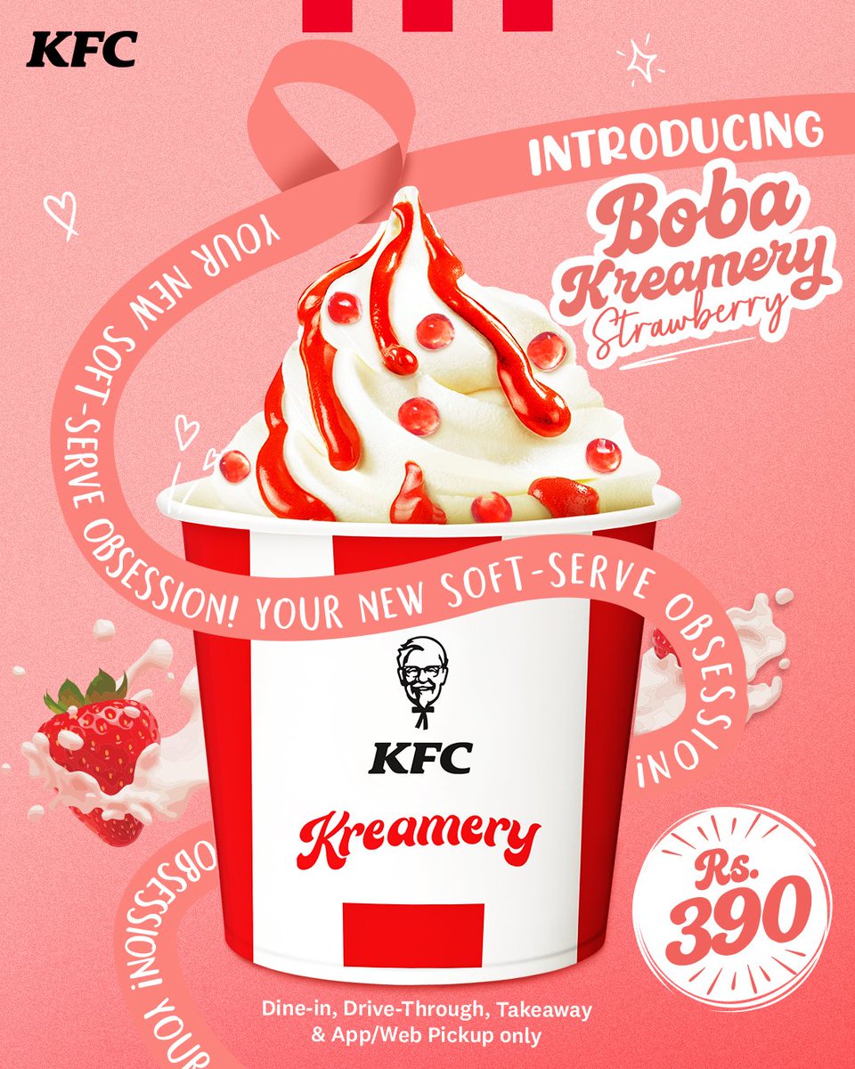 Introducing Boba Kreamery, your all new poppin' strawberry obsession! Get our creamy soft serve vanilla ice cream topped with delicious strawberry syrup and strawberry boba pearls for only Rs. 390!

Available on Dine-in, Drive-Through, Takeaway &amp; App/Web Pickup only

#KFC