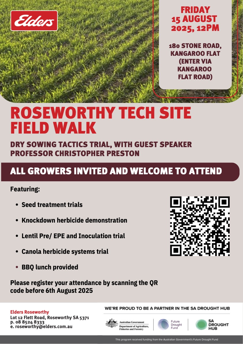 We are pleased to partner with Elders Roseworthy for this Dry Sowing Tactics Demo Field Walk, and welcome guest speaker Professor Christopher Preston, who will share expert knowledge and practical advice🌱

Secure your place by registering here: trybooking.com/DDLCO
