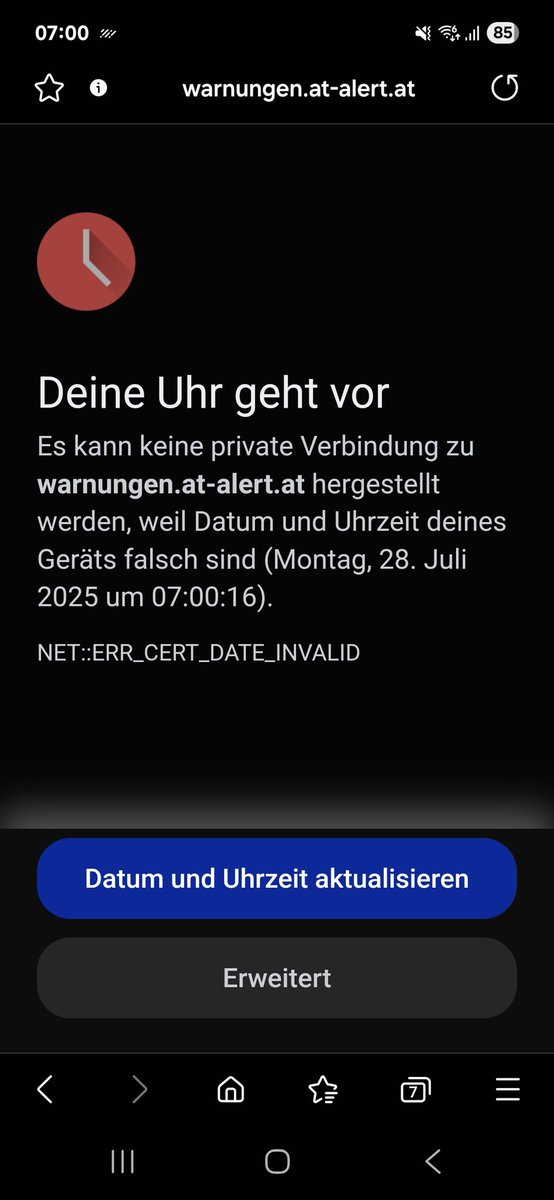 Gibt es bei #atalert etwa gerade #Zertifikatsprobleme? 🤔 Ich kann von verschiedenen Geräten nicht darauf zugreifen.... <a href="/BMI_OE/">BMI</a>

#warnung #österreich #Austria #katastrophenschutz #zivilschutz