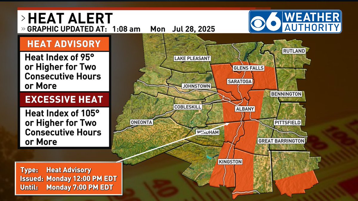 ⚠️ Heat Advisory Until Jul 28 7:00PM: The combination of both temperature and humidity will result in high heat index values of 95° or higher for at least two consecutive hours in the advisory area during the outlined period. #nywx #mawx #vtwx