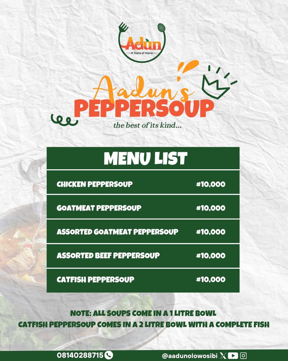 aadunolowosibi's tweet image. Good morning.💕
I look forward to taking your orders this week. You can always order ahead and give yourself something delicious to look forward to. 🤗💕
Our peppersoup is the absolute best in Ibadan. We deliver a bowl of premium enjoyment right to your doorstep.
📍 Ibadan