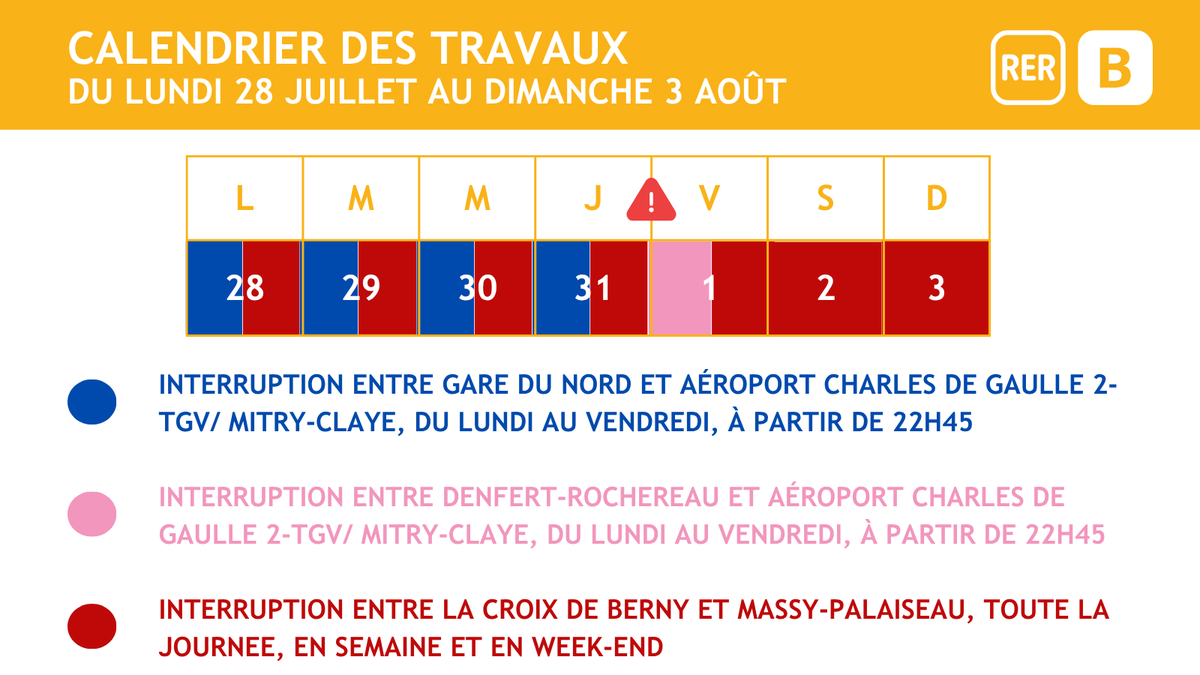 RERB's tweet photo. [LES TRAVAUX DE LA SEMAINE🚧] Du lundi 28 juillet au dimanche 03 août inclus, différents travaux seront réalisés sur le #RERB. 
Retrouvez ci-dessous le détail de l’impact sur les circulations de la ligne. [1/8] https://t.co/0dAAnuXOvk