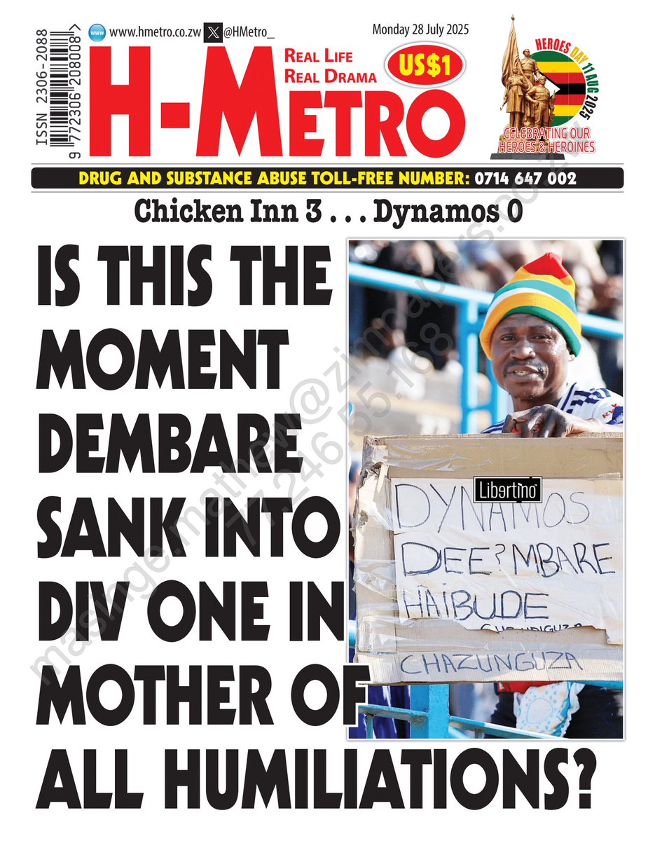 HMetro_'s tweet image. #FRONTPAGE
For the first time this season, Dynamos find themselves in a position where even if they win their next two games, they will still be trapped in second-from-the-bottom of the table irrespective of what happens elsewhere.
heraldonline.co.zw/dembare-doomed…