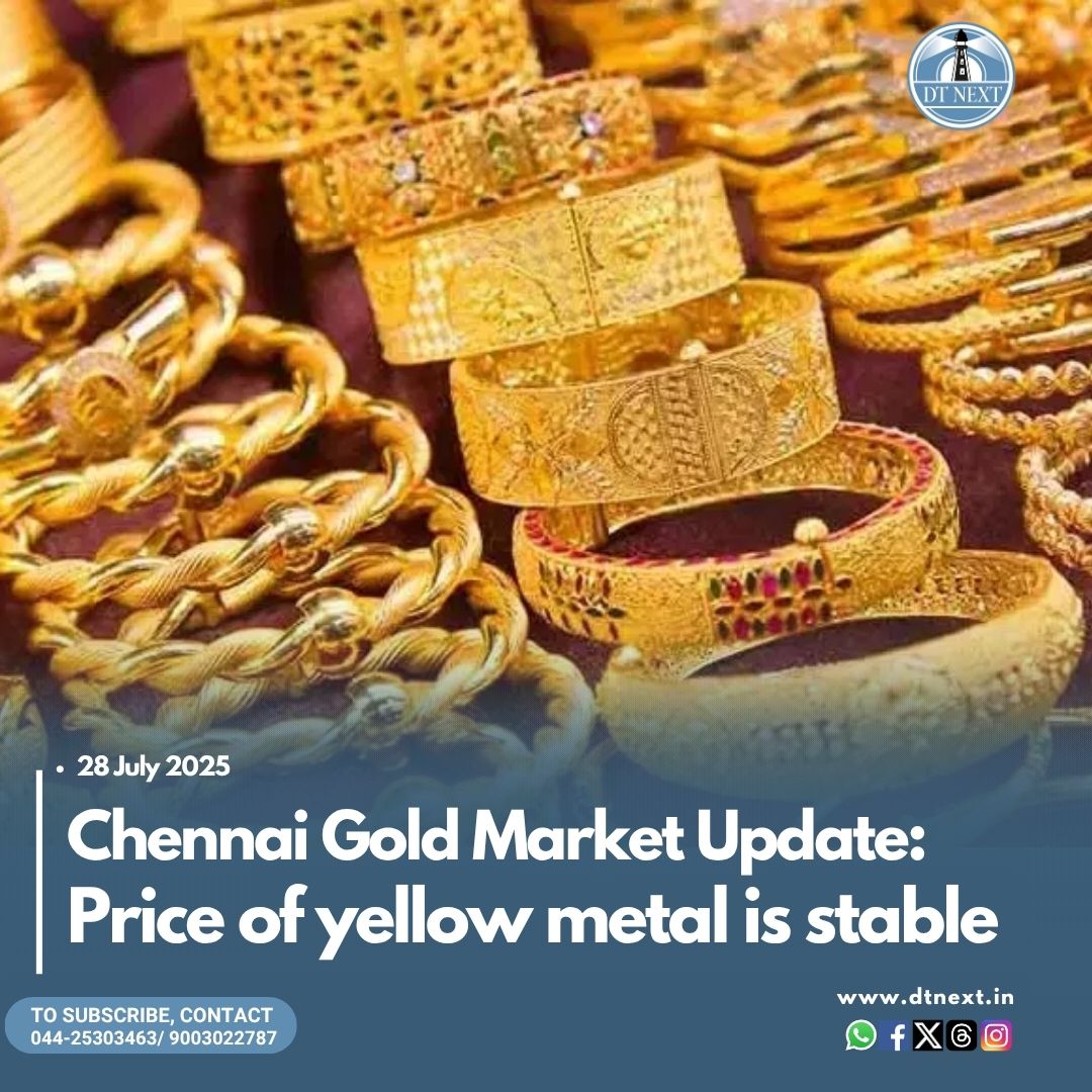 dt_next's tweet image. Gold price remains unchanged at Rs 73,280 per sovereign in Chennai on July 28, 2025. Tap the link to find out how much it has climbed so far this year!

dtnext.in/news/chennai/c…

#DTNext #GoldPrice #Chennai #Gold #GoldRates #GoldPriceHike #SilverPrice #ChennaiNews