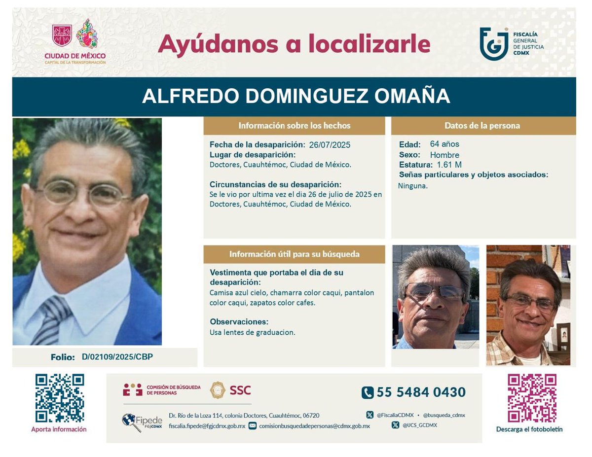 🚨Ayúdanos a compartir🚨

Alfredo Domínguez Omaña está #Desaparecido desde el 26 de julio, visto por última vez en la col. Doctores, #Cuauhtémoc #CDMX.

Ayúdanos a encontrarlo, difunde 
#HastaEncontrarlosATodos #BuscamosA <a href="/SOS_Busqueda/">Alerta SOS Lindavista Hasta Encontrarles</a>