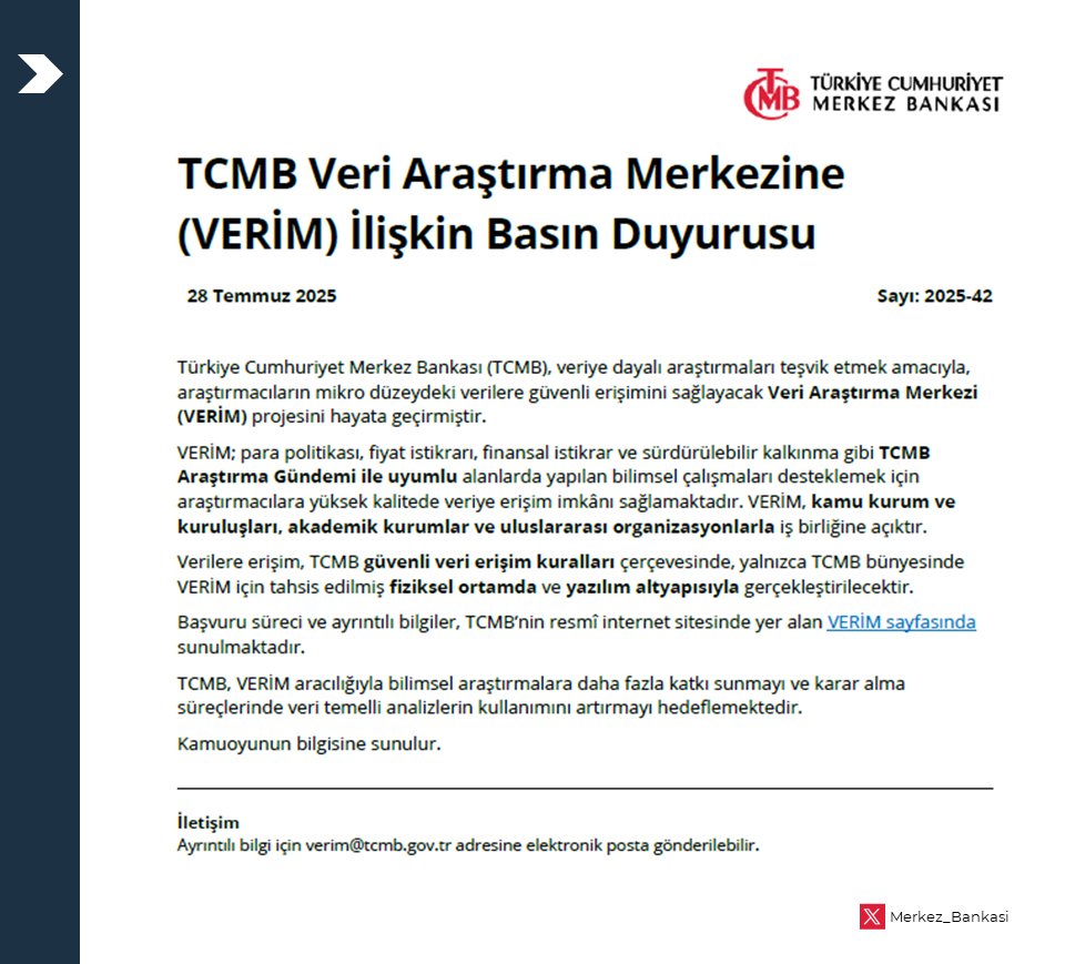 TCMB Veri Araştırma Merkezine (VERİM) İlişkin Basın Duyurusu: tcmb.tl/Dn7d731