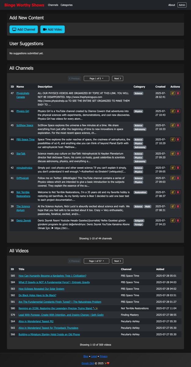 emrahdma's tweet image. I spent a good bit of time today on the Admin page of bingeworthyshows.tv to make it easy to add more channels and videos.. probably more time than I should have. 

Claude did a good job I think.. It didn’t one-shot everything, took a while to resolve some issues, but overall…