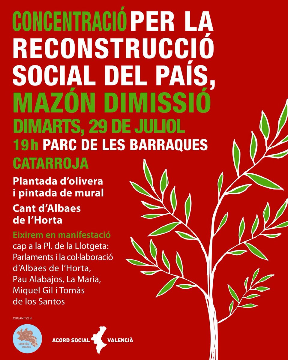 VicentMauri's tweet image. Concentració per la reconstrucció social del País, Mazón dimissió.

El 29 de juliol al Parc de les Barraques de Catarroja.