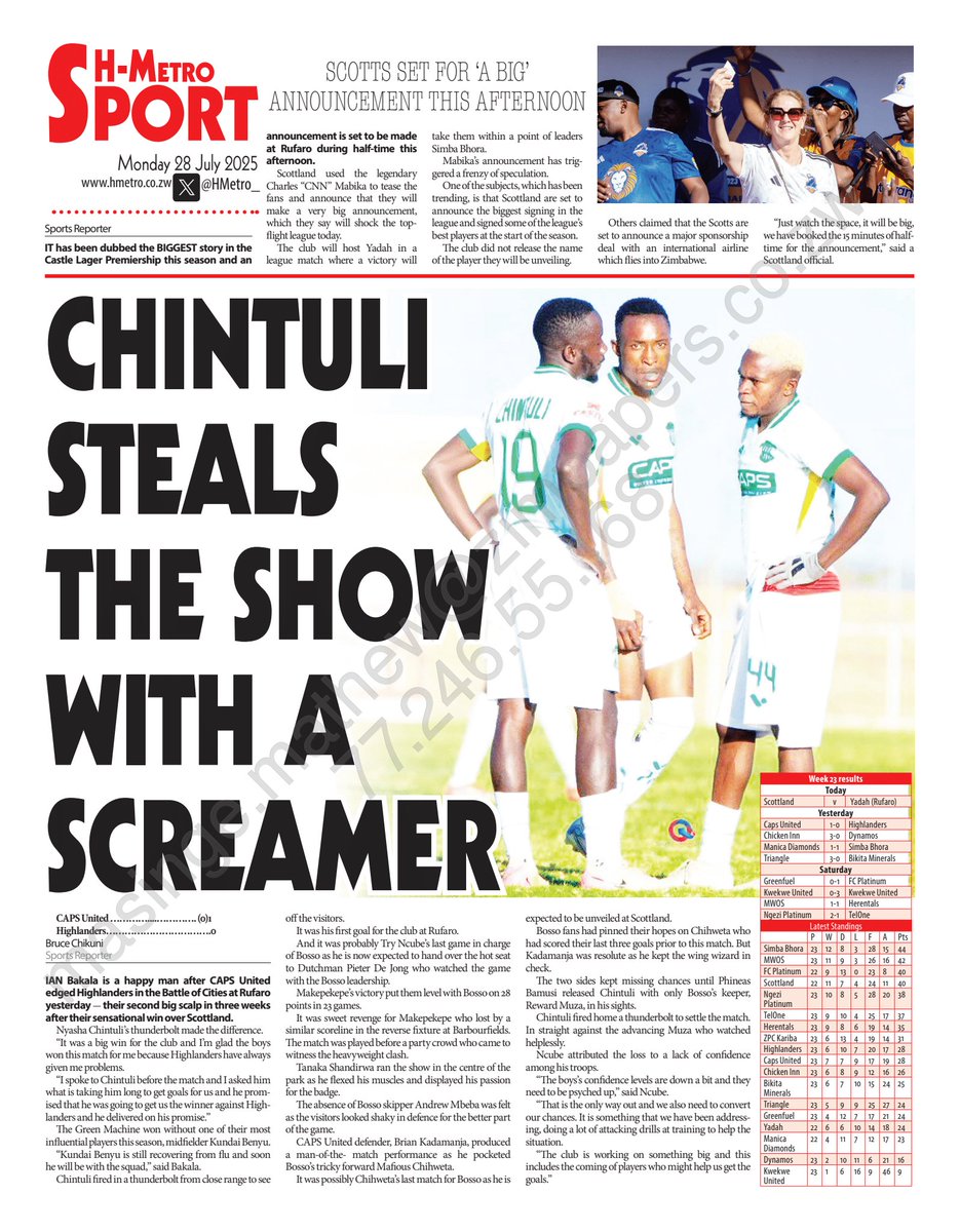 HMetro_'s tweet image. #BACKPAGE
IAN Bakala is a happy man after CAPS United edged Highlanders in the Battle of Cities at Rufaro yesterday – their second big scalp in three weeks after their sensational win over Scottland.
Nyasha Chintuli’s thunderbolt made the difference.
heraldonline.co.zw/chintuli-steal…