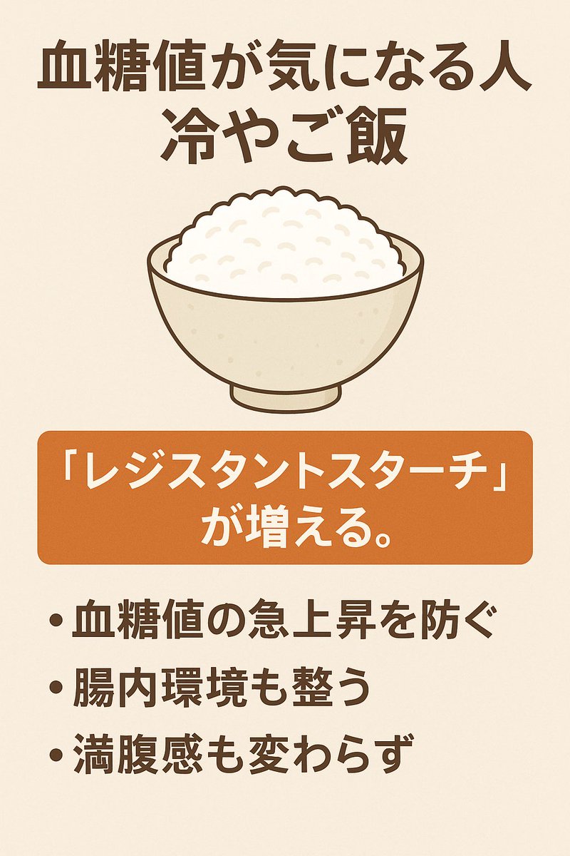 takuyasensei's tweet image. 血糖値が気になる人は炊き立てご飯より冷やご飯を。冷やご飯は「レジスタントスターチ」が増える。
これは消化されにくい「食物繊維のような成分」で
血糖値の急上昇を防ぐ
腸内環境も整う
満腹感も変わらず
アツアツに温め直すと大部分が元のでんぷんに戻るので4-50℃くらいまでの加熱がいいよ。