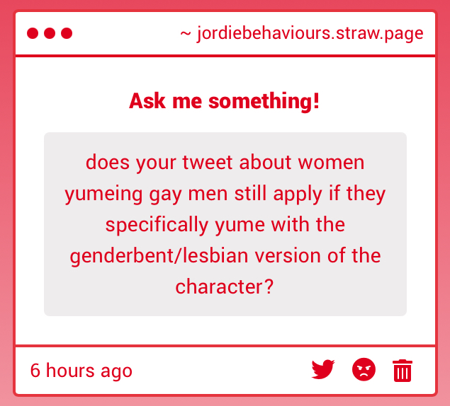 my_nightingales's tweet image. I’m not yume god y’all sweats. I would say it depends? If the character’s story revolves explicitly around being a gay *man* I think the genderbend would come off  as tasteless BUT in most cases I think its fine and personally reads better than hetero-ifying