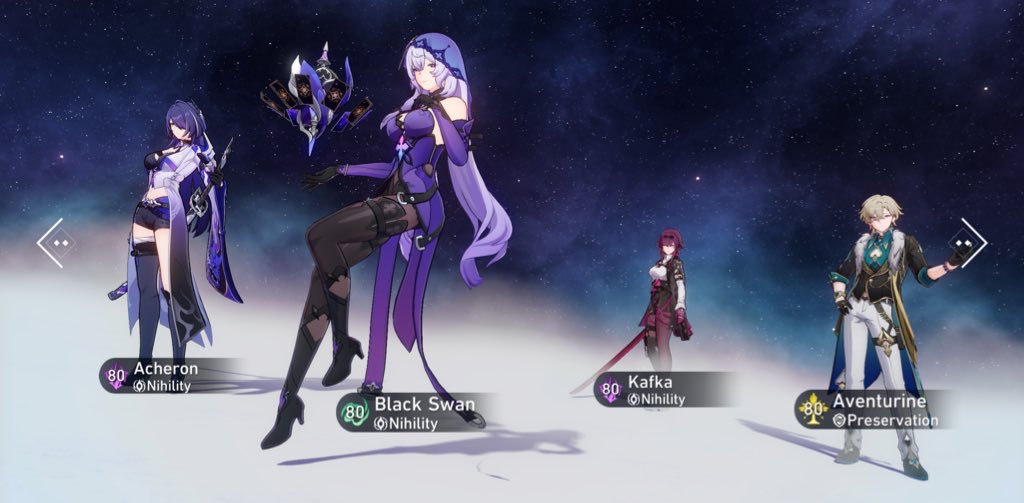 timelyacherene's tweet image. Me as a day-1 Acheron lover & main β‘οΈπ:
> Pulled E2S1 on the first day of her debut banner;
> Her team: E1S1 Black Swan, E1S1 Kafka (sometimes replace her with E1S1 Ruan Mei or E0S1 Cipher) & E2S1 Aventurine;
> Got her BP icon because sheβs absolutely worth it π