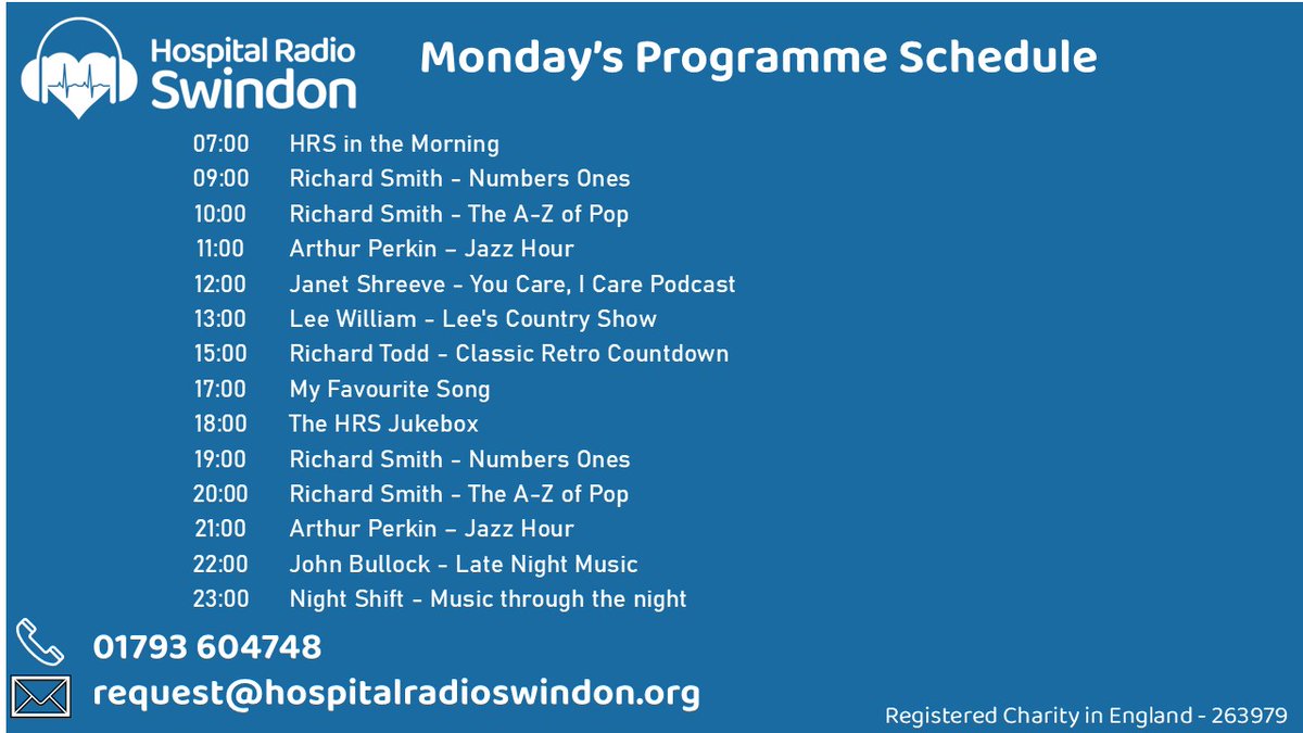 HRSwindon's tweet image. Today's schedule looks like this listen here -
carina.streamerr.co/public/swindon…
@GWH_NHS
#attheheartofthehospital
#radioforthegwh