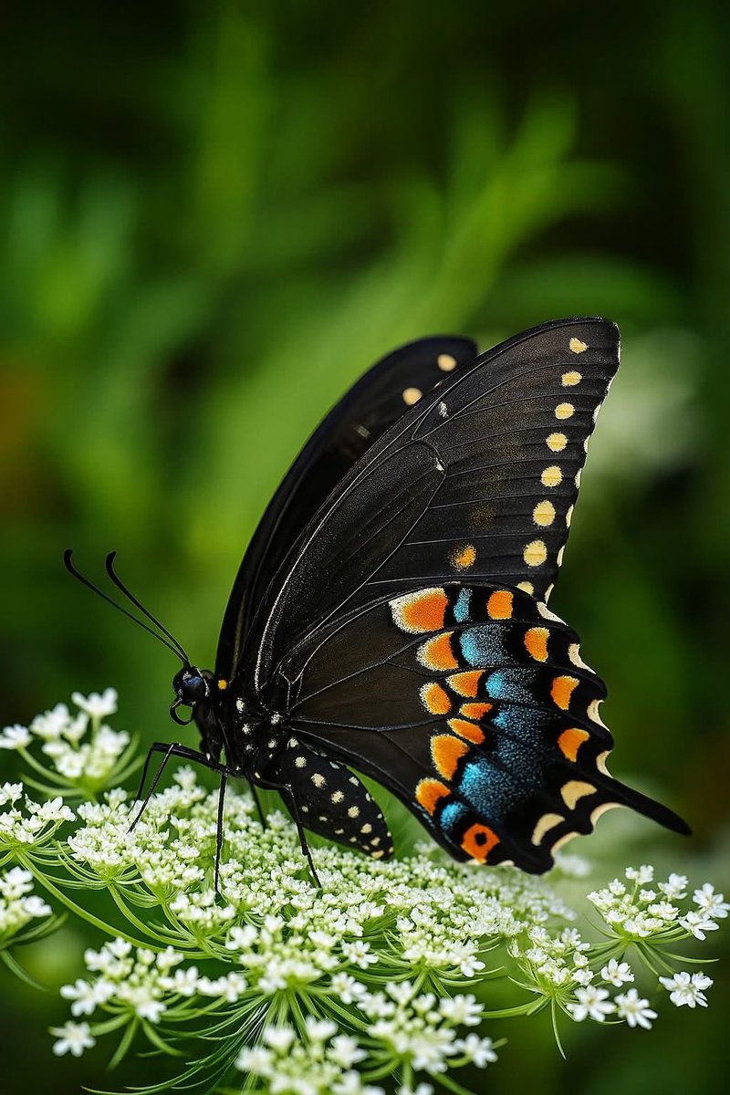 mshafqat72's tweet image. A masterpiece in motion. The Black Swallowtail butterfly graces delicate blooms with wings painted in midnight, sapphire, and flame. Nature’s quiet celebration of color and grace. 🦋✨🌿
#ButterflyBeauty #NaturePhotography #MacroMagic #BlackSwallowtail #WildlifeWonder