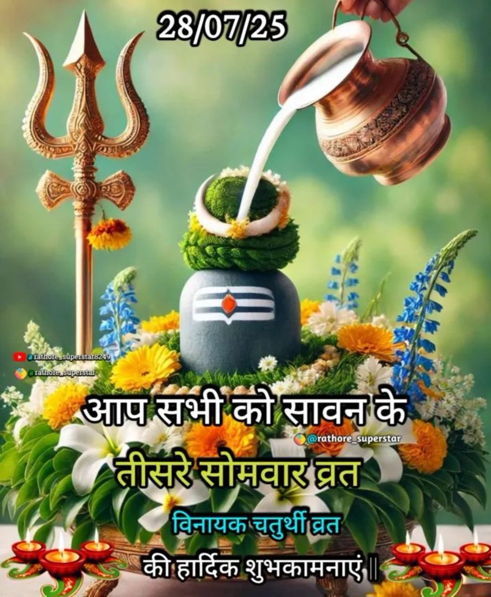 आप सभी को सावन क़े तीसरे सोमवार 
की शुभकामनाये ll
हर हर माहदेव 
शुभप्रभात 🙏