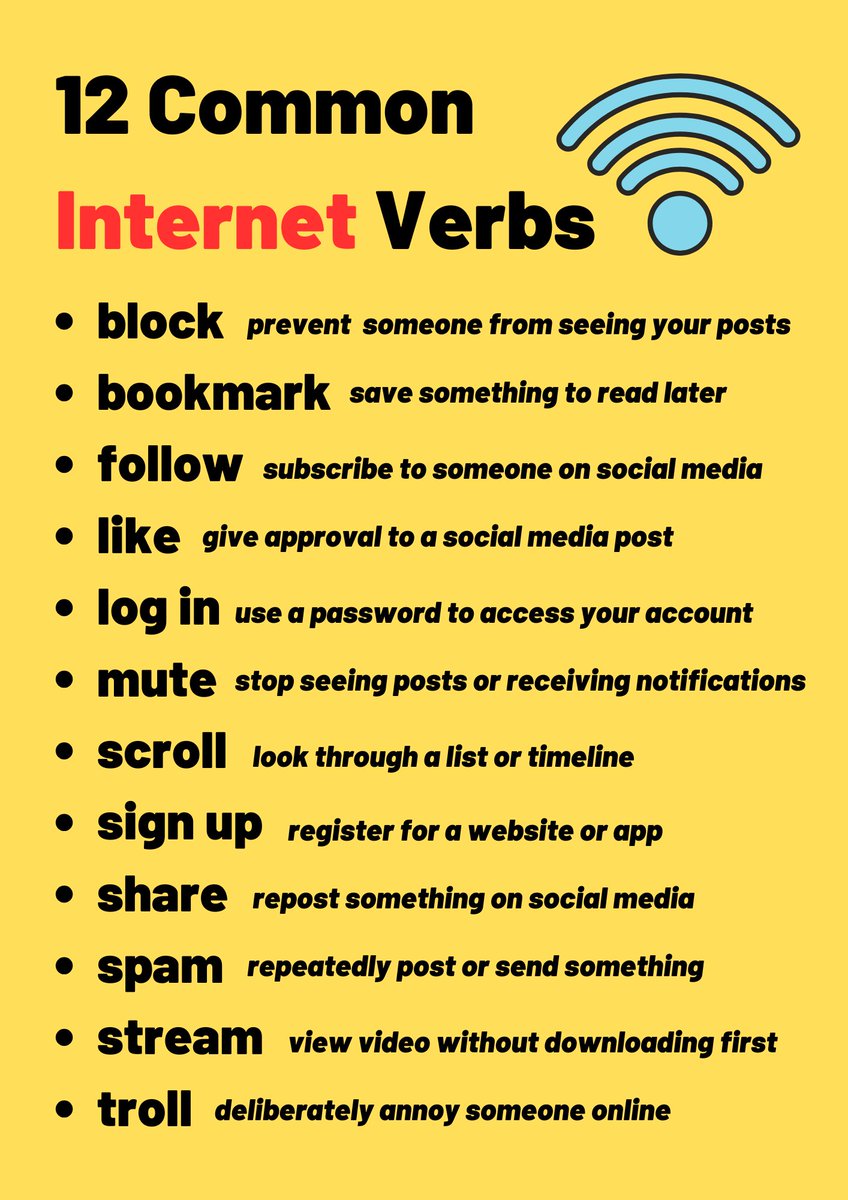 tedielts's tweet image. Let&apos;s start the new week with some bonus vocabulary. 

These words are all verbs you can use to talk about the internet.