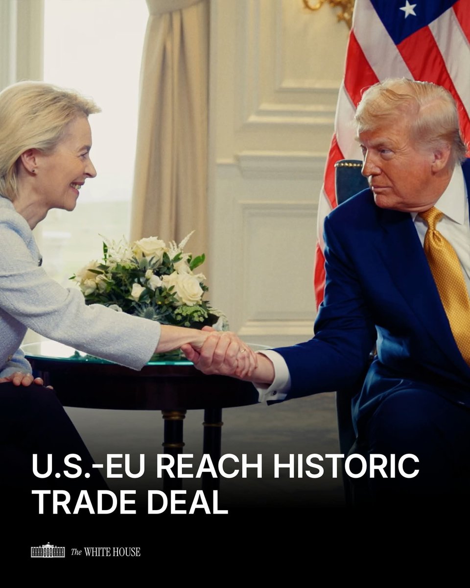 Today, President Trump secured a HUGE, POWERFUL TRADE DEAL between the U.S. and EU 🇺🇸 

The EU will: 
💰 Invest $600 Billion in U.S.
⚡️ Purchase $750 Billion in American Energy
💸 Open Markets to U.S.