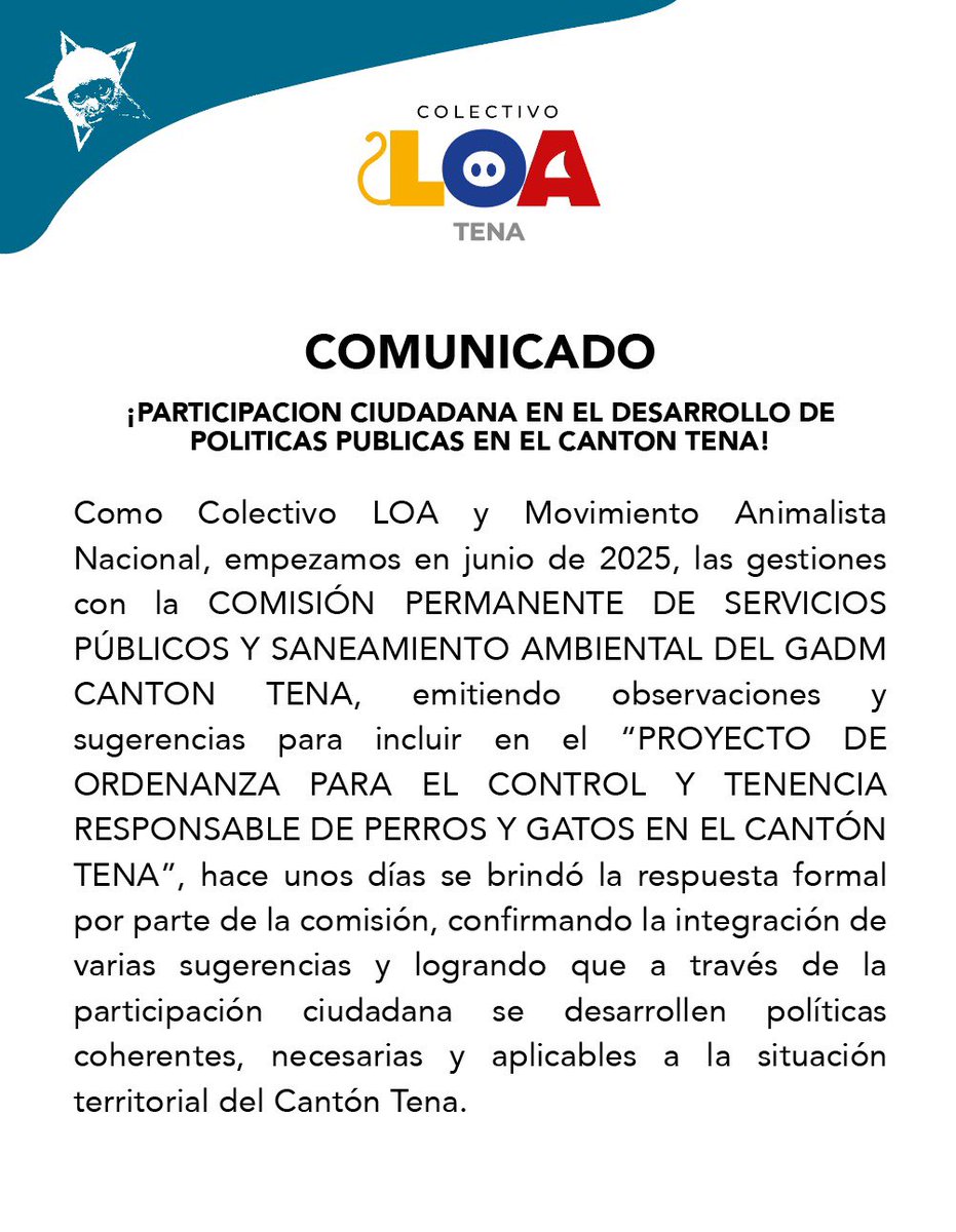 LoaEcuador's tweet image. Avances en la política pública para los animales, en el cantón Tena, gracias al trabajo de la coordinación LOA Tena