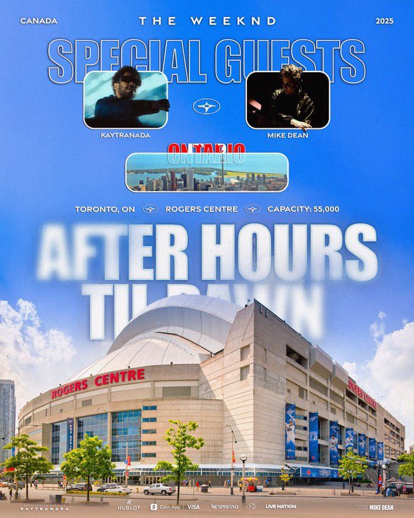 AHDawnTour's tweet image. TWO NIGHTS 🌅 | Shows #26 & #27 #AfterHoursTilDawnTour
📍 Rogers Centre, Toronto 🇨🇦
🪩 Mike Dean & Kaytranada
🛸 7pm
Homecoming shows 🖤🇨🇦 #AHTDToronto