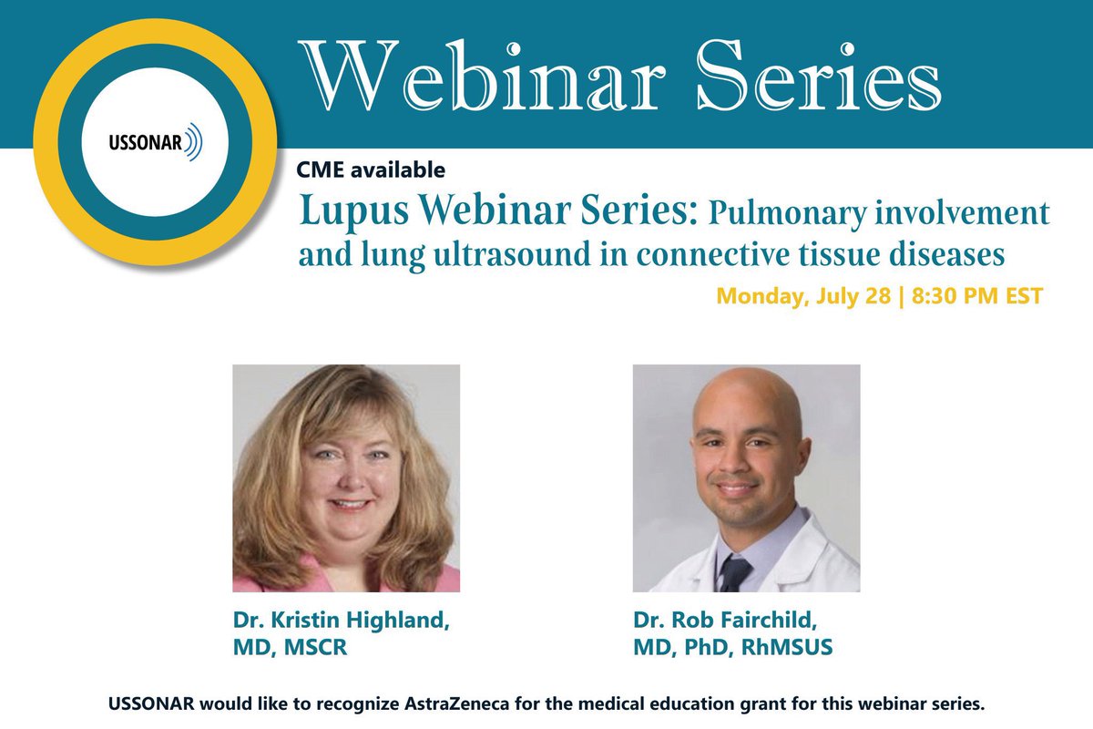 USSONAR_Rh's tweet image. Our Lupus series continues tomorrow
Mon, July 28 8:30 PM ET
Pulm involvement and lung US in connective tissue diseases with Dr. Kristin Highland and @RobFairchildMD
CME avail with grant in thanks @AstraZeneca
Register here : lnkd.in/dGhtwmbZ
#lupus #ultrasound