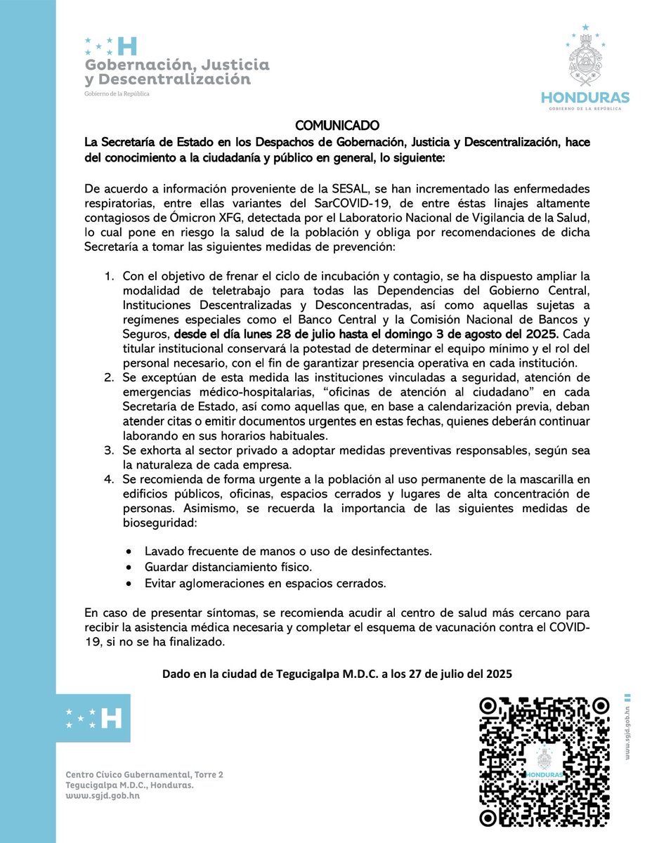 HCHTelevDigital's tweet image. 🔴 La Secretaría de Gobernación, Justicia y descentralización a través de un comunicado informa que por una semana más se ampliará la modalidad de teletrabajo en entidades estatales debido al incremento de enfermedades respiratorias incluidas las variantes del SarCOVID-19.