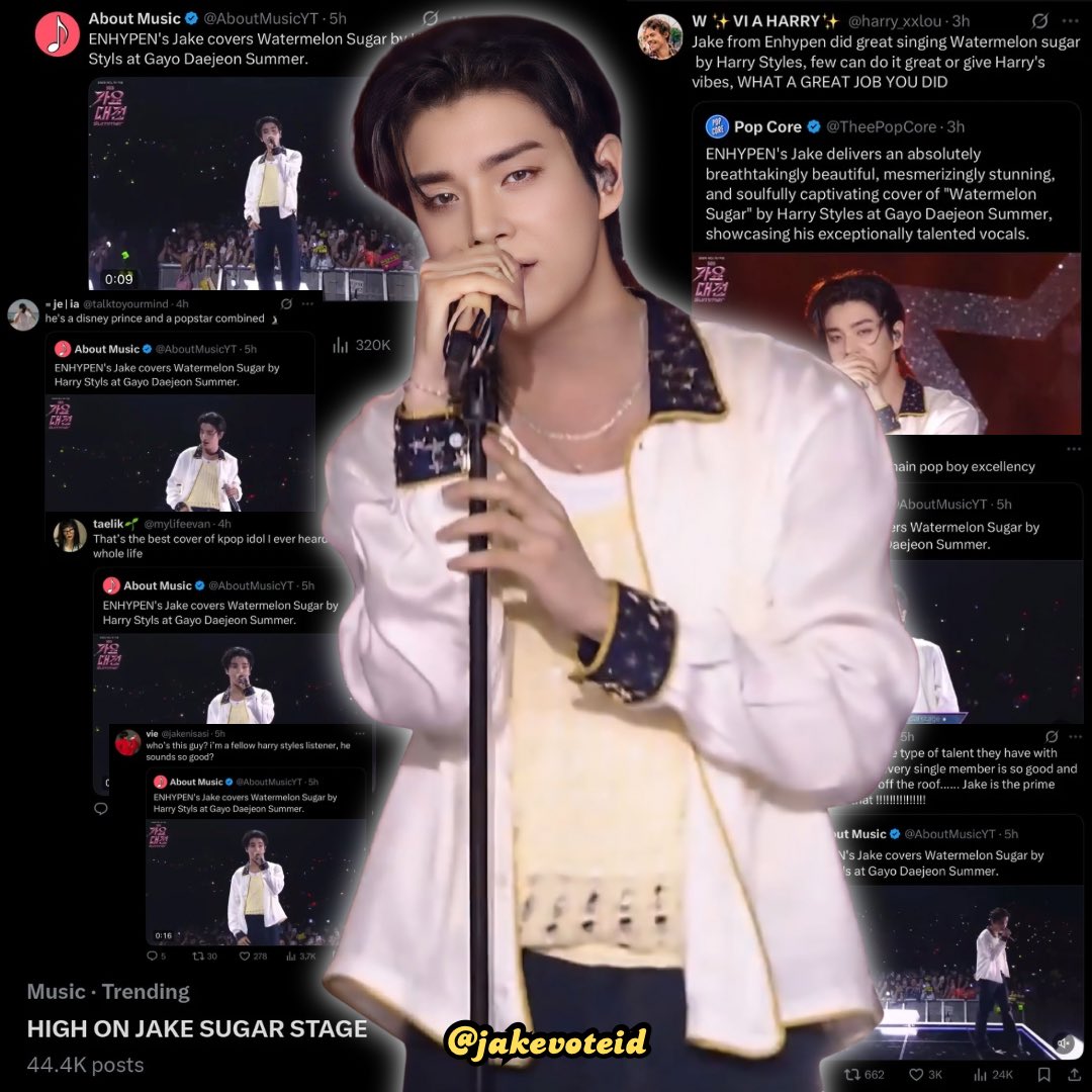 jakevoteid's tweet image. Feeling overjoyed to see so many people showering JAKE with praise for his amazing solo stage! His hard work and talent are truly shining through๐โจ
HIGH ON JAKE SUGAR STAGE
#SWEETLIKEJAKE_onGAYO
#ENHYPEN_GayoDaejeonSummer2025
#JAKE #์ ์ดํฌ @ENHYPEN_members