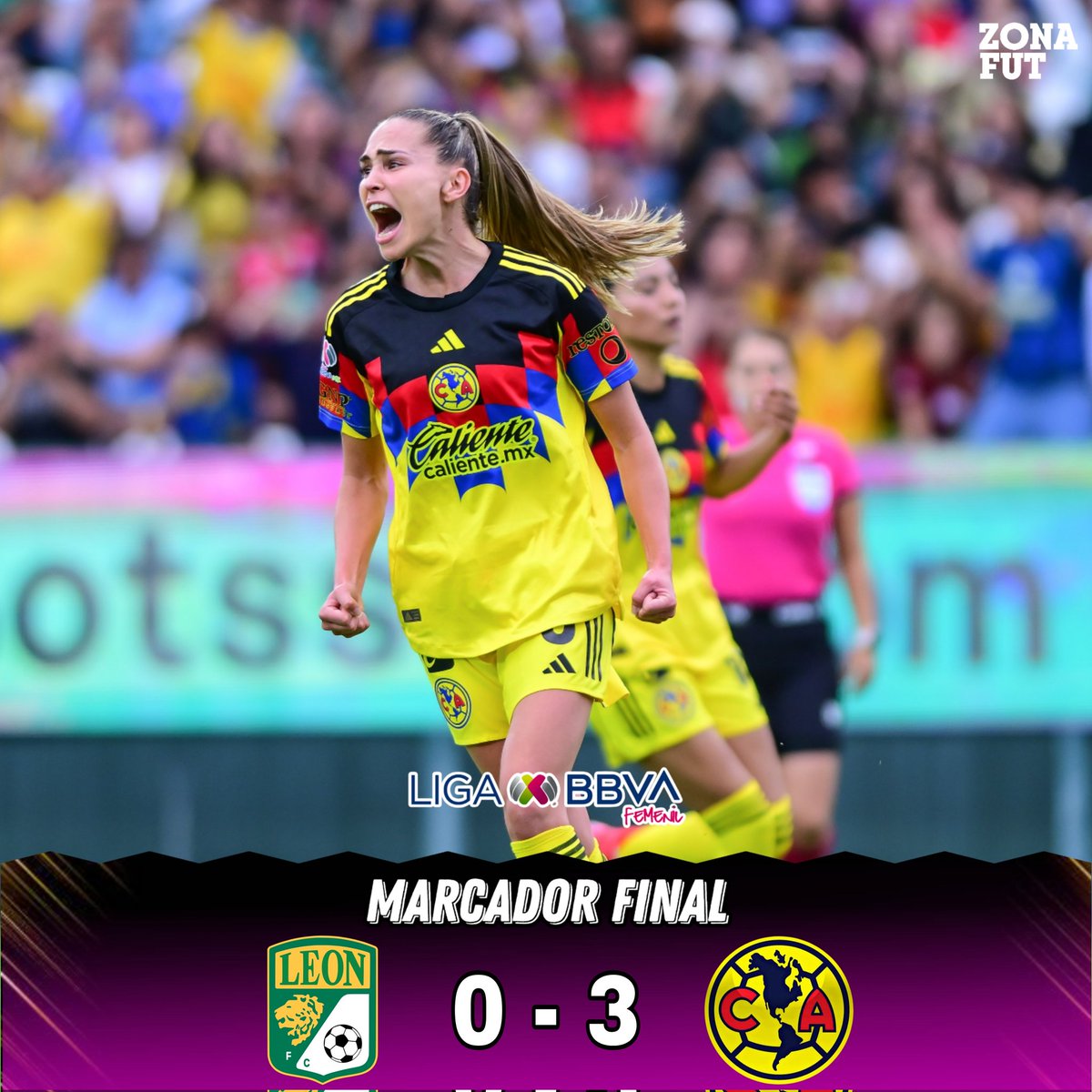 ZonaFUT1's tweet image. ¡IMPONENTES! 🔵🟡🔴
#LigaMX | #LEO 🦁 0-3 #AME 🦅
@ClubAmerica golea a las fieras en duelo de la Jornada 3 de la @LigaBBVAFemenil.
#Apertura2025
GOLES
🦅Palacios,Irene,Rodríguez