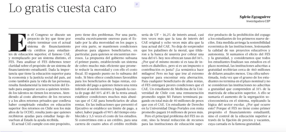 Tomás Sánchez V. (@tomassanchezv) on Twitter photo Con peras y manzanas el porqué el sistema de financiamiento de educación superior (FES) propuesto por el gobierno es un abuso impresentable.
¿pagar 3,5 veces el costo de su carrera? ¿Interés de UF + 16%? La palabra usura se queda corta.
Imperdible columna de <a href="/SylviaEyzaguirr/">Sylvia Eyzaguirre</a> Con peras y manzanas el porqué el sistema de financiamiento de educación superior (FES) propuesto por el gobierno es un abuso impresentable.
¿pagar 3,5 veces el costo de su carrera? ¿Interés de UF + 16%? La palabra usura se queda corta.
Imperdible columna de <a href="/SylviaEyzaguirr/">Sylvia Eyzaguirre</a>