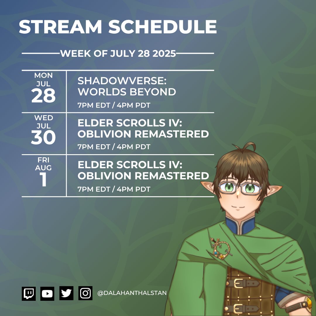 Here is the stream schedule for the Week of July 28th 2025! 
I hope to see you there as we continue our adventures.

YouTube: youtube.com/@DalahanThalst…
Twitch: twitch.tv/dalahanthalstan
