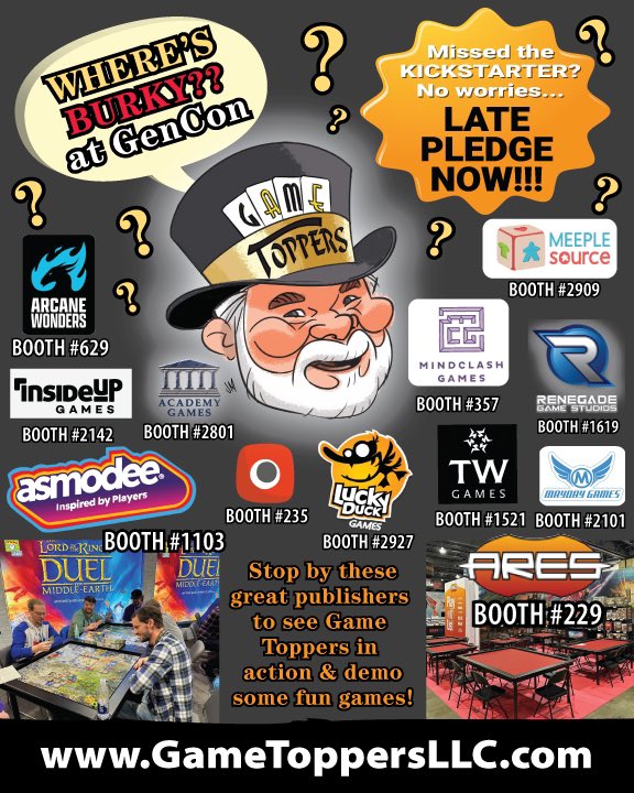 GameToppersLLC's tweet image. Where’s Burky at Gen Con? You’ll find him in his top hat hanging around some amazing companies that own his tables demoing this year game hotness!
@Asmodee_USA, @AresGamesSrl @ArcaneWonders @Insideupgames @luckyduckgames @MeepleSource @MindclashG @RenegadeGamesstudio…
