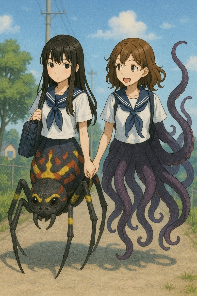 OldGamers3's tweet photo. 蜘蛛娘とタコ娘が握手で登校する図 
#AIイラスト #AIart #StableDiffusion
#pixiv https://t.co/IMFQXmjzQX https://t.co/c5Uza4G0cA