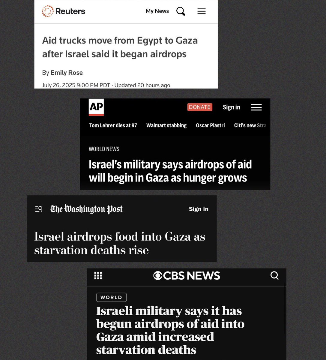 This is important. Look how Western media frames the story as if Israel is helping—rather than STARVING—Gaza.

When Palestinians die of starvation, Israel is erased from headlines. When even a little aid supposedly trickles in, Israel is named as the provider. This is by design.