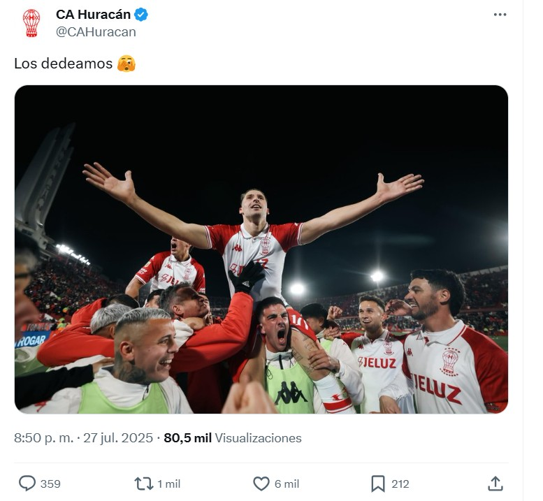 "Los dedeamos"

Por el tweet que publicó Huracán tras vencer a Boca y luego borró.