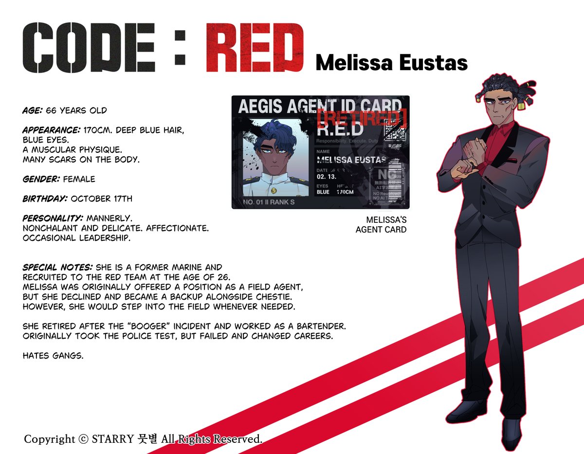 starryCosmos000's tweet image. ♦️CODE : RED
Character Sheet
02. Melissa Eustas
#tapas #webtoon #comics #action #actioncomics #spy #spyseries #codered #code_red #webtoon