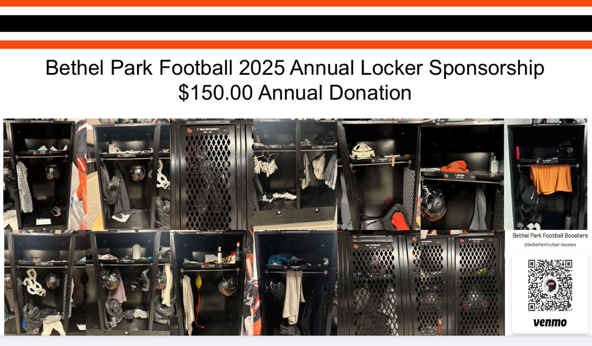 Support Bethel Park Football! Sponsor a locker for the 2025 season with a $150 annual donation and help us reach our $6,000 goal.
Venmo: @BethelParkFootball-Boosters
Contact Coach Peckich for details
#BUILTBYBETHEL