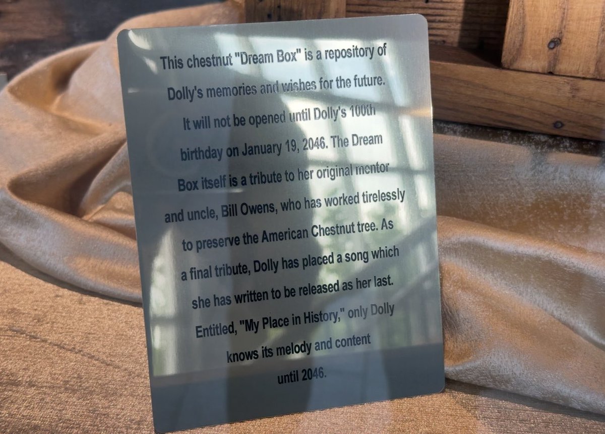 marcusleshock's tweet image. Did you know @DollyParton’s last song is in this box?
This chestnut “dream box” will be opened on Dolly’s 100th birthday, January 19, 2046.
The song is called “My Place In History.” Dolly Parton is the only person who knows the melody and words to the song. The rest of us will…