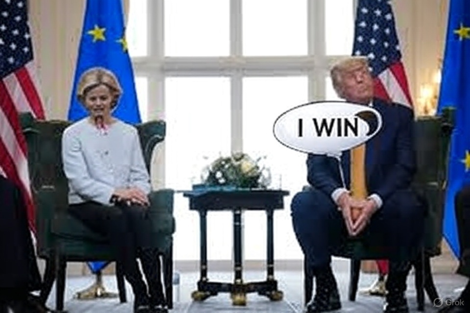 The EU is struggling significantly, while Trump emerges victorious. #MAGA 
Ursula von der Leyen is ineffective at negotiating deals, and Trump dominates her in negotiations. Trump announced that the EU will increase its investment in the US by $600 billion, including in American