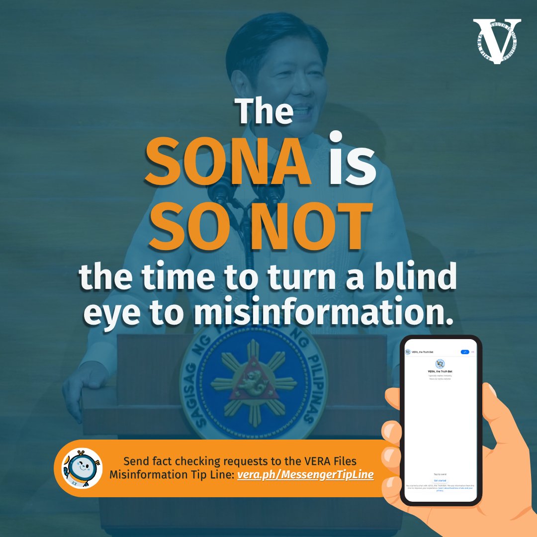 verafiles's tweet image. #SONA2025: Lies and falsehoods are not cool. They may fly again during the SONA.
Be cool and send them to the VERA Files Misinformation Tip Line for fact-checking: vera.ph/MessengerTipLi…