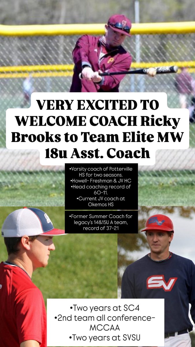 Very excited to welcome to <a href="/TeamEliteMW/">Team Elite Premier Midwest</a>, <a href="/CoachBrooks90/">Coach Brooks Team Elite Midwest 18U</a> 🫡👏🏼

Became best friends with this guy in the dugout at SVSU my freshman year talking baseball, and we haven’t looked back! 

Can’t wait to get back to it with you Coach! WELCOME ABOARD 🫡