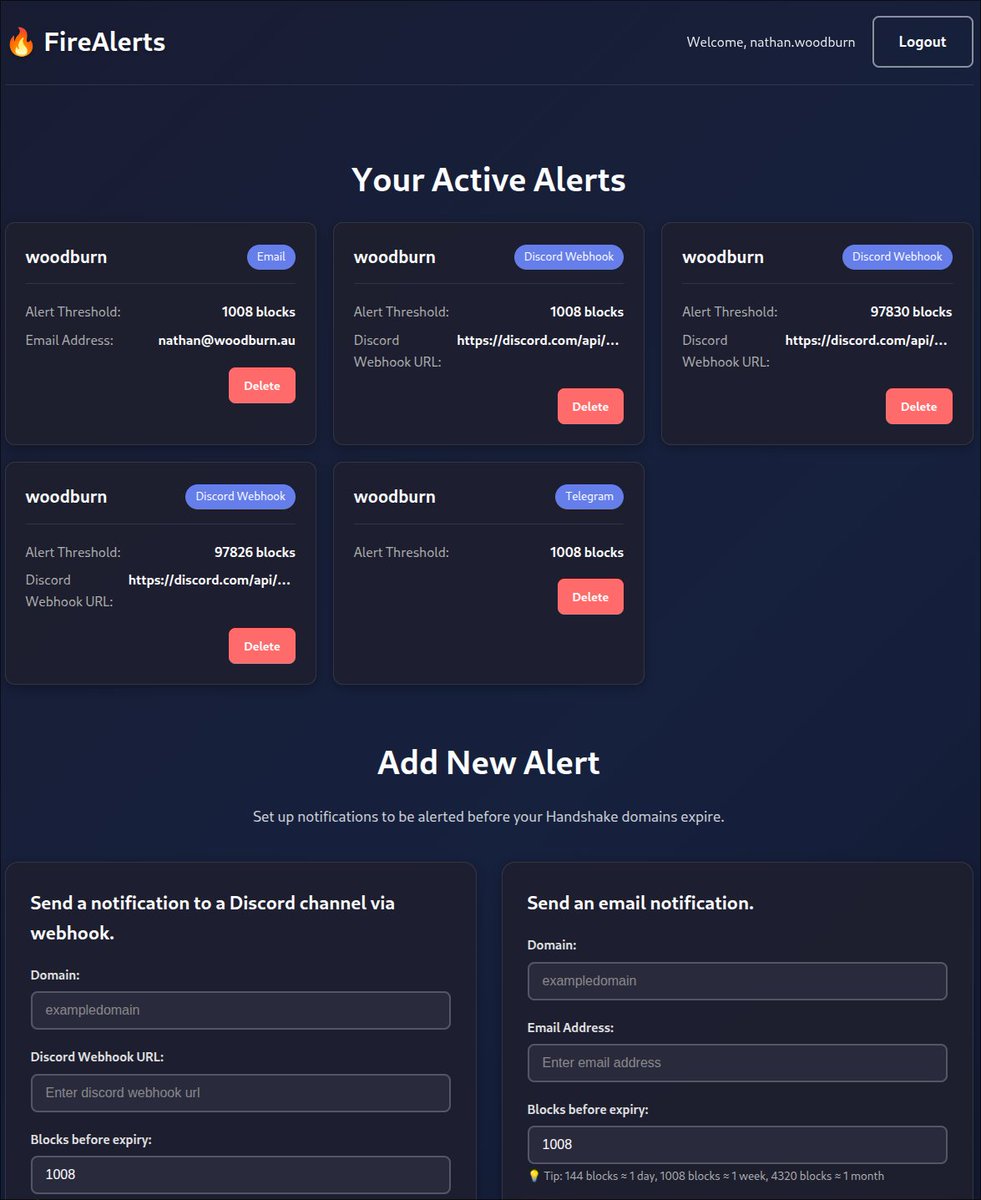I've just released an expiry alert system for Handshake domains. It's still just in testing so don't trust it with anything super valuable.
Have a look and let me know if there is anything that I should update/add
alerts.firewallet.au